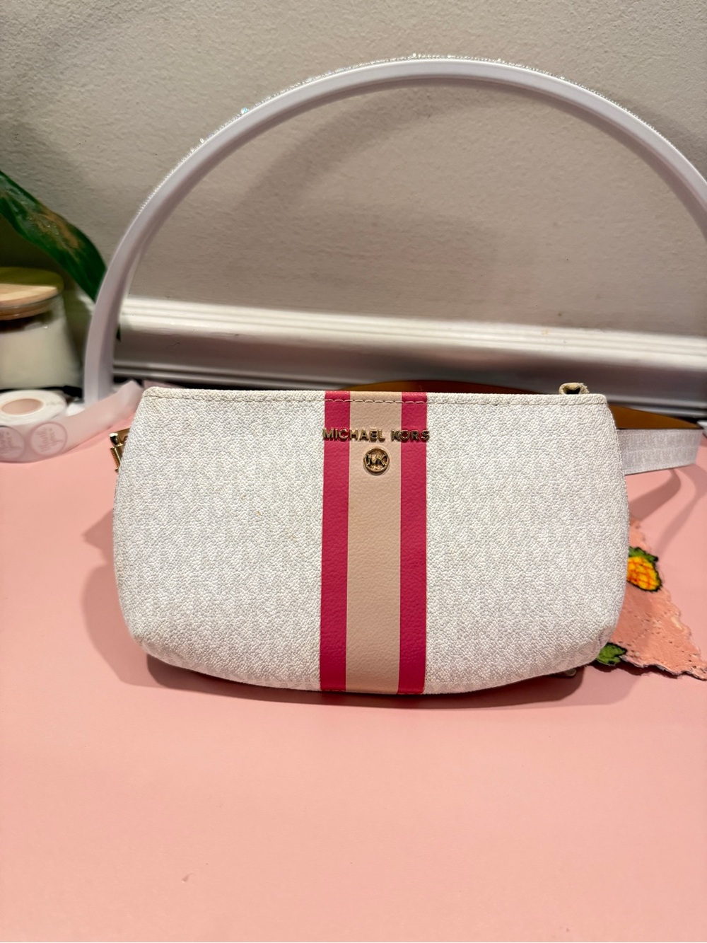Michael Kors Jet Set Logo Stripe Belt Bag Crossbody Pink White MK Monogram